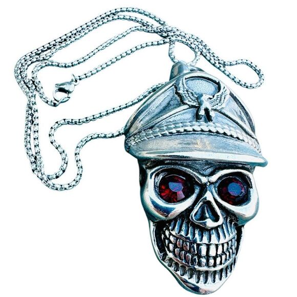 Men's Bold Skull Pendant Necklace with Red Eyes - 24" Stainless Steel Chain - Picture 1 of 17